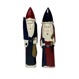 VTG Pencil Santa CARVED Driftwood Primitive Folk Art 8" Set Of 2 Blue and Red